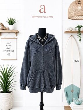 Ocean Blue Key West Gray Acid Wash Zip Hoodie Drawstring Pockets